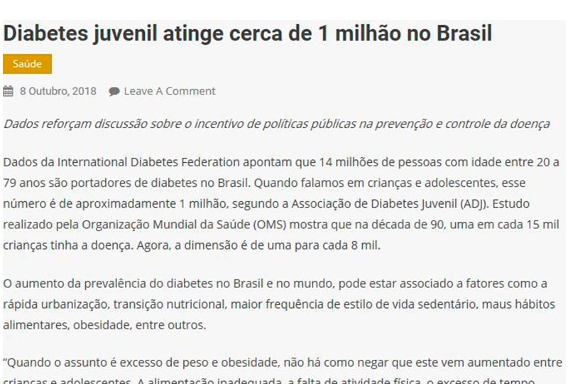 Diabetes juvenil atinge cerca de 1 milhão no Brasil - Abiad 